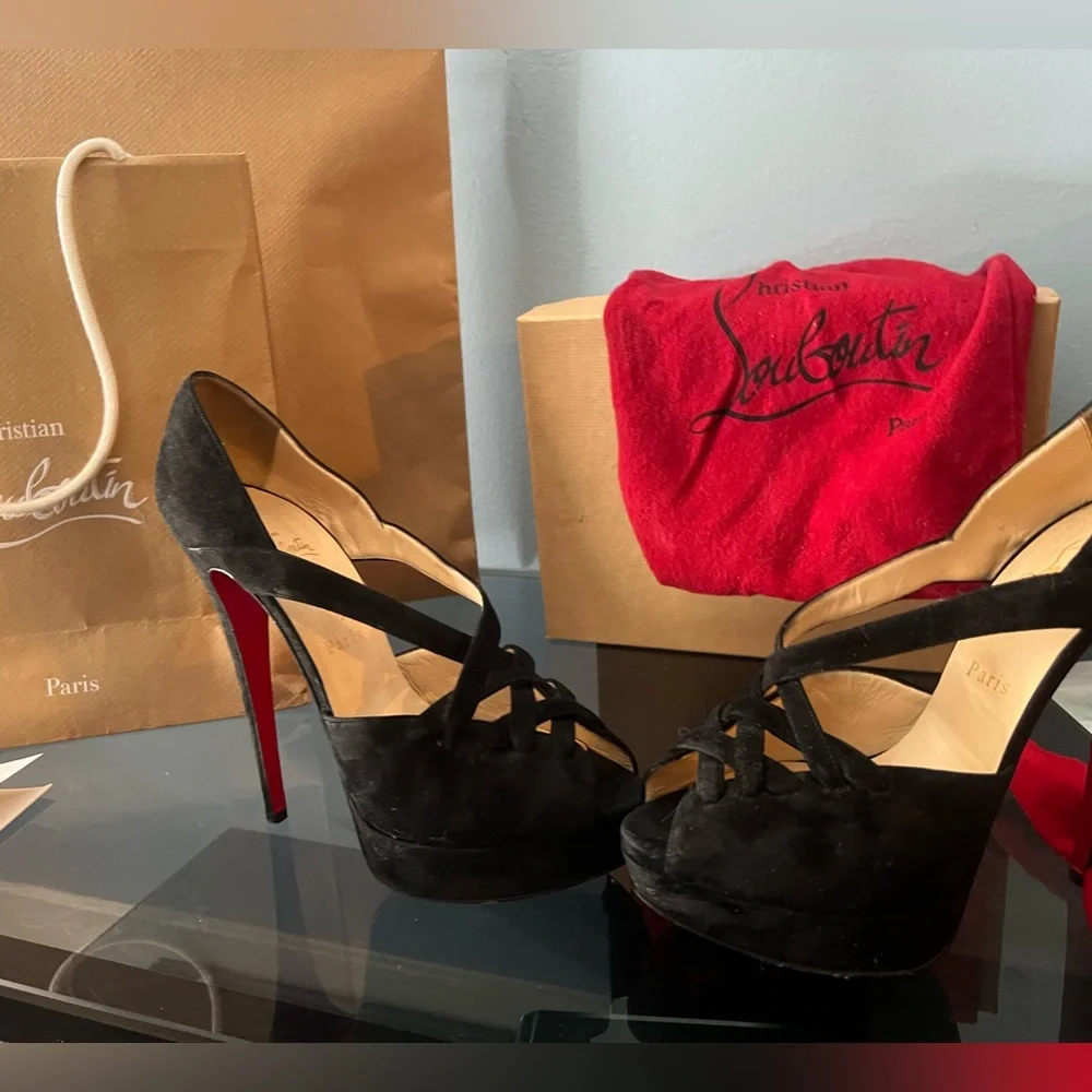 - Black Christian Louboutin Crisscross Suede Platform - Picture 2 of 7